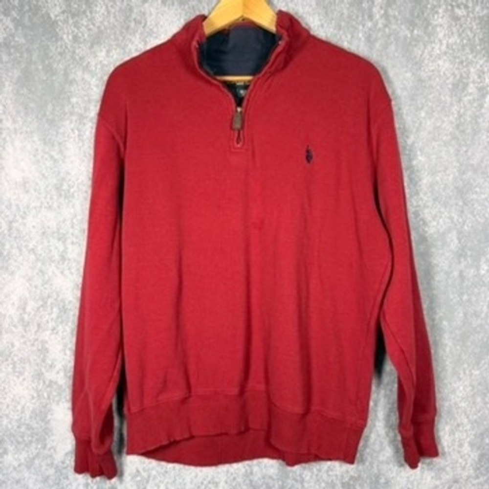 US Polo Assn Quarter Zip Pullover Mens Large Red Cotton Mock Neck Sweater